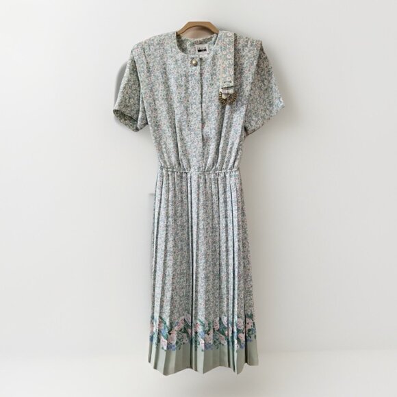 Leslie Fay Vtg Sage Green Pink Floral Cottagecore Belted Pleated Midi Dress 10 - Picture 2 of 8